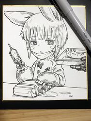  1other animal_ears art_tools_in_frame bob_cut cartridge_(made_in_abyss) commentary_request container furry greyscale hatching_(texture) highres holding holding_syringe holding_tray horizontal_pupils inverted_bob linear_hatching liquid long_sleeves made_in_abyss mask mask_pull monochrome mouth_mask nanachi_(made_in_abyss) other_focus out_of_frame photo_(medium) puddle severed_arm severed_limb shikishi short_hair sideways_glance solo_focus spill stain surgical_mask syringe traditional_media tray tsumiki_yuu upper_body whiskers x 