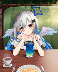  absurdres alternate_costume amane_kanata angel angel_wings asymmetrical_bangs bare_shoulders blue_hair booth_seating casual coffee collarbone colored_inner_hair cup drinking_glass drinking_straw feathered_wings female food fork grey_hair hair_ornament hair_over_one_eye hairclip halo highres hololive knife long_hair looking_at_viewer multicolored_hair official_alternate_hair_length official_alternate_hairstyle pasta plate purple_eyes saucer single_hair_intake smile solo sty table teacup virtual_youtuber wings 