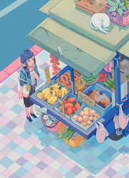  bad_id bad_tumblr_id bag banana black_skirt blue_hair clea_(geee13) commentary english_commentary feline female flower food food_stand fruit highres leaf long_hair original partially_immersed plant road shadow shoes shoulder_bag skirt solo standing street white_cat white_flower wide_shot 