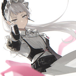  aiming aiming_at_viewer arknights black_gloves closed_mouth commentary english_commentary female gloves grey_eyes grey_hair gun handgun head_wings highres holding holding_gun holding_weapon irene_(arknights) irene_(voyage_of_feathers)_(arknights) jewelry long_hair long_sleeves looking_at_viewer maid maid_headdress necklace official_alternate_costume ponytail scar scar_across_eye scar_on_face signature solo split_mouth upper_body v-shaped_eyebrows velephyr weapon white_background wings 