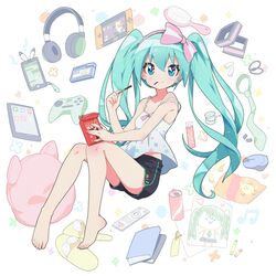  aqua_eyes aqua_hair barefoot black_pants book bookmark camisole can cellphone commentary controller crayon eating feet female food full_body fuusen_neko hair_brush hatsune_miku headphones highres long_hair looking_at_viewer mouth_hold necktie pants phone pillow pocky shirt short_shorts shorts sitting slippers smartphone smile solo strap_slip twintails unworn_necktie unworn_slippers very_long_hair vocaloid white_background white_shirt 