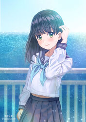  artist_name black_hair black_skirt blue_sky blush collarbone commentary day female green_eyes highres light_smile long_hair long_sleeves looking_at_viewer ocean original outdoors pleated_skirt school_uniform serafuku shirt skirt sky solo soramame_tomu standing translated twitter_username uniform white_shirt 