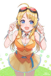  ahoge alternate_costume artist_name bare_shoulders blonde_hair blue_eyes blush breasts commentary cosplay female frills gem goggles goggles_on_head gumi gumi_(cosplay) hachimiya_meguru hair_ornament headphones highres idolmaster idolmaster_shiny_colors large_breasts leaning_forward long_hair looking_at_viewer low_twintails open_mouth orange_skirt pleated_skirt simple_background skirt smile solo soramame_tomu translated twintails vocaloid white_background 