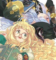  2girls blonde_hair book glasses gloves green_eyes grey_hair hair_over_one_eye herbalist_(sekaiju) herbalist_4_(sekaiju) hood horns long_hair lying multiple_girls necromancer_(sekaiju) necromancer_2_(sekaiju) on_back oomarubath open_mouth pink_eyes red-framed_eyewear round_eyewear sekaiju_no_meikyuu sekaiju_no_meikyuu_5 upper_body 