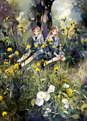  2girls black_footwear black_shirt black_skirt brown_hair commentary flower highres long_sleeves md5_mismatch medium_hair multiple_girls niwa_haruki original outdoors painting_(medium) plant pleated_skirt resolution_mismatch sailor_collar shirt shoes skirt socks source_larger symbol-only_commentary traditional_media tree watercolor_(medium) white_flower white_sailor_collar yellow_flower 