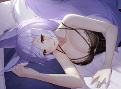  absurdres animal_ears arknights breasts cleavage commentary_request female highres indoors large_breasts lingerie looking_at_viewer lying muji_(majunduo) on_bed on_side open_mouth photoshop_(medium) provence_(arknights) purple_hair short_hair smile solo tail underwear yellow_eyes 