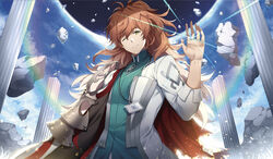  1boy chaldea_logo chinese_commentary commentary_request fate/grand_order fate_(series) gradient_hair green_eyes green_shirt grey_hair highres jewelry kiyo_(chaoschyan) lab_coat long_hair male_focus multicolored_hair name_tag one_eye_closed orange_hair pillar ring robe rock romani_archaman shirt sky smile solo solomon_(fate) spoilers standing upper_body very_long_hair 