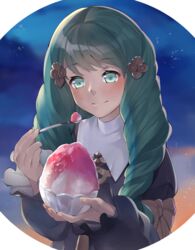  blush bow commentary_request female fire_emblem fire_emblem:_three_houses flayn_(fire_emblem) food garreg_mach_monastery_uniform green_eyes green_hair hair_ornament hairclip highres long_hair panda_inu shaved_ice sky solo upper_body 