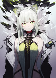  absurdres animal_ear_fluff animal_ears arknights bare_shoulders beudelb breasts cat_ears closed_mouth coat commentary cowboy_shot dress female green_dress green_eyes grey_hair highres hip_vent kal&#039;tsit_(arknights) kal&#039;tsit_(remnant)_(arknights) long_hair looking_at_viewer medium_breasts off_shoulder official_alternate_costume open_clothes open_coat solo split_mouth white_coat 