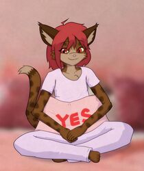  2023 absurd_res ambiguous_gender anthro clothing digital_media_(artwork) felid felin hair hi_res kawa kawaoneechan looking_at_viewer mammal meme pajama_pants pillow red_eyes red_hair shirt smile smiling_at_viewer solo t-shirt tail topwear yes-no_pillow yes_pillow 