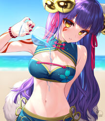  absurdres arm_behind_back artist_name bangs beach bead_bracelet beads bell blurry blurry_background bracelet cup daji_(monster_strike) day eyeshadow facial_mark female hair_bell hair_ornament hair_ribbon hand_up highres holding holding_cup jewelry kohanayuki long_hair looking_at_viewer makeup monster_strike nail_polish navel parted_lips pink_ribbon pouring pouring_onto_self purple_hair red_nails ribbon signature solo upper_body yellow_eyes 