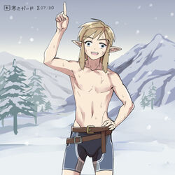  1boy belt blue_eyes blue_shorts brown_belt commentary cowboy_shot groin index_finger_raised light_brown_hair link male_focus monbetsu_kuniharu mountain navel open_mouth pine_tree pointy_ears shorts sidelocks smile snow snowing solo sweat the_legend_of_zelda the_legend_of_zelda:_breath_of_the_wild tight_clothes topless_male translated tree wall-eyed 