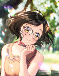  artist_name bare_arms bare_shoulders blurry blurry_background blush breasts brown_eyes brown_hair choker collarbone commentary commission female flower flowers_(innocent_grey) glasses kimopoleis looking_at_viewer medium_breasts original outdoors short_hair smile solo 