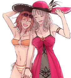  2girls ahoge arm_up armlet bare_shoulders bikini blunt_bangs breasts carmilla_(fate) carmilla_(swimsuit_rider)_(fate) carmilla_(swimsuit_rider)_(first_ascension)_(fate) cleavage closed_eyes collarbone commentary_request cowboy_shot curly_hair dress eyewear_on_head fate/grand_order fate_(series) fujimaru_ritsuka_(female) fujimaru_ritsuka_(female)_(brilliant_summer) grey_hair hair_between_eyes hand_on_headwear hand_up happy hat highres holding_hands hollomaru interlocked_fingers medium_hair multiple_girls o-ring o-ring_bikini official_alternate_costume open_mouth orange_bikini orange_hair pink_dress pink_headwear protected_link side-by-side simple_background sun_hat sunglasses swimsuit white_background yuri 