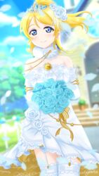  absurdres ayase_eli bare_shoulders blonde_hair blue_eyes blue_flower blue_rose blurry blurry_background bouquet brooch closed_mouth cursive day diaja1414 dress elbow_gloves english_commentary eyebrows_hidden_by_hair female flower fur_collar garter_straps gloves hair_flower hair_ornament highres holding holding_bouquet jewelry looking_at_viewer love_live! love_live!_school_idol_festival_all_stars love_live!_school_idol_project official_alternate_costume outdoors ponytail rose short_dress short_hair short_ponytail single_bang smile solo strapless strapless_dress tiara twitter_username two-sided_dress two-sided_fabric veil wedding_dress white_dress white_flower white_gloves white_legwear white_rose 