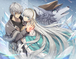  2boys anastasia_(fate) animal_ear_fluff animal_ears black_shirt blue_eyes cloak collarbone command_spell deerstalker fate/grand_order fate_(series) female fur-trimmed_cloak fur-trimmed_jacket fur_trim grey_hair grey_jacket hair_between_eyes hair_over_one_eye hairband hat high_collar highres hug ice jacket kadoc_zemlupus kiyo_(chaoschyan) long_hair looking_at_viewer multiple_boys patxi_(fate) shirt snowing standing very_long_hair viy_(fate) wolf_boy wolf_ears yellow_eyes 