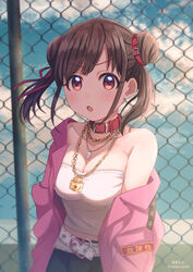  :o bare_shoulders belt blue_sky blush breasts brown_eyes brown_hair chain-link_fence cloud collar collarbone commentary_request day double_bun female fence hair_bun hair_ornament heart highres idolmaster idolmaster_shiny_colors jacket jewelry large_breasts lock long_hair long_sleeves looking_at_viewer necklace open_mouth outdoors pink_collar pink_jacket red_eyes shirt skirt sky smile solo sonoda_chiyoko soramame_tomu translation_request twintails white_belt 