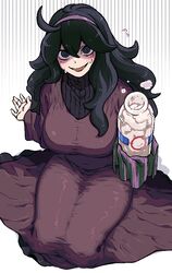  @_@ alternate_breast_size black_eyes black_hair black_sweater blush bottle breasts dress female flying_sweatdrops hair_between_eyes hairband hex_maniac_(pokemon) kingbawoon korean_commentary large_breasts long_hair long_sleeves looking_at_viewer messy_hair milk milk_bottle moomoo_milk oekaki open_mouth plump pokemon pokemon_xy purple_hairband ribbed_sweater sexually_suggestive simple_background sitting solo suggestive_fluid sweat sweater tight_clothes tight_dress 