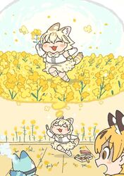  2girls :3 aged_down animal_ears bare_shoulders blonde_hair bow bowtie closed_eyes commentary_request crayon elbow_gloves extra_ears field flower flower_field gloves high-waist_skirt kemono_friends kuro_shiro_(kuro96siro46) lolicon lucky_beast_(kemono_friends) multiple_girls open_mouth print_bow print_bowtie print_skirt print_thighhighs serval_(kemono_friends) serval_print short_hair skirt sleeveless steam tail thighhighs thought_bubble white_hair white_serval_(kemono_friends) yellow_bow yellow_bowtie zettai_ryouiki 