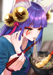  animal_ear_fluff animal_ears bangs bead_bracelet beads bell blurry blurry_background bracelet chopsticks daji_(monster_strike) eating eyeshadow facial_mark female food hair_bell hair_ornament hair_ribbon hands_up holding holding_chopsticks jewelry kohanayuki long_hair makeup monster_strike nail_polish noodles pink_ribbon purple_hair red_nails ribbon shrimp shrimp_tempura signature solo tempura udon yellow_eyes 