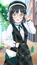  :d absurdres adjusting_eyewear bag belt black_hair blouse character_name character_signature day diaja1414 dress english_commentary english_text eyebrows_hidden_by_hair female green_dress green_ribbons handbag highres looking_at_viewer love_live! love_live!_nijigasaki_high_school_idol_club love_live!_school_idol_festival_all_stars medium_hair mifune_shioriko nail_polish neck_ribbon oerba_yun_fang official_alternate_costume outdoors pinafore_dress pink_eyes pink_nails plaid plaid_dress ribbon round_eyewear shirt sleeveless sleeveless_dress smile solo twitter_username white_shirt 