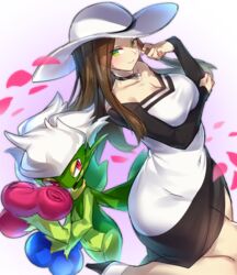  bad_id bad_twitter_id beauty_(pokemon) black_dress blush breasts brown_hair choker cleavage closed_mouth collarbone commentary covered_navel dress female flower green_eyes hat large_breasts long_hair long_sleeves looking_at_viewer parted_bangs petals pokemon pokemon_(creature) pokemon_masters_ex pokoten_(pokoten718) red_eyes roserade short_hair smile sun_hat thighs two-tone_dress white_background white_dress white_hair 