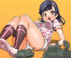  black_hair black_socks cleats female hair_ornament hairclip jersey kijiyama_north_high_school kneehighs long_hair mai_ball! military military_vehicle miyano_mai motor_vehicle nijitama_shiyushiyu on_ass open_mouth orange_background pink_stripes purple_eyes shirt shoes short_sleeves shorts simple_background sneakers soccer_uniform socks solo sportswear striped_clothes striped_shirt tank toy_tank white_footwear white_shorts 