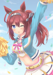  ahoge alternate_costume animal_ears arm_up blue_eyes breasts brown_hair cheerleader cosplay female headband highres horse_ears horse_girl horse_tail jacket large_breasts long_hair looking_at_viewer midriff mihono_bourbon_(umamusume) navel nice_nature_(run&amp;win)_(umamusume) nice_nature_(umamusume) nice_nature_(umamusume)_(cosplay) one_eye_closed sakurakkuma solo tail umamusume 