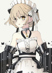  absurdres alternate_costume apron azur_lane bare_shoulders blonde_hair braid breasts collarbone commentary_request detached_sleeves eyes_visible_through_hair female french_braid grey_background hair_over_one_eye highres hinaname japanese_clothes kimono looking_at_viewer maid maid_headdress obi open_mouth sash sheffield_(a_moment&#039;s_respite)_(azur_lane) sheffield_(azur_lane) short_hair sidelocks simple_background small_breasts solo turning_head waist_apron wide_sleeves yellow_eyes yukata 