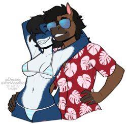  2022 aloha_shirt alpha_channel anthro bikini black_hair breasts clothed clothing digital_media_(artwork) duo equid equine eyewear female fish glasses hair harrison_maker hi_res horse kittydee looking_at_viewer male mammal marine midriff navel non-mammal_breasts pattern_clothing pattern_shirt pattern_topwear shark shirt simple_background skimpy_bikini smile swimwear topwear transparent_background triangle_bikini under_boob 