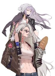  2girls abs bread brown_jacket closed_eyes food glasses gloves grey_hair grey_jacket grin headphones hella_(path_to_nowhere) jacket multiple_girls muscular muscular_female navel ninety-nine_(path_to_nowhere) open_clothes open_jacket path_to_nowhere red_eyes reroi scar simple_background smile stomach sunglasses white_background white_gloves white_hair 