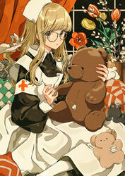  bangs black_dress blonde_hair collared_dress dress eyebrows_visible_through_hair feet_out_of_frame female flower glasses highres holding holding_stuffed_animal keishin long_hair long_sleeves looking_at_viewer original red_flower sewing sitting solo stuffed_animal stuffed_toy teddy_bear white_dress yellow_flower 