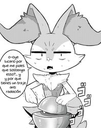  4_fingers akatosh_el_shota_furro anthro asking asking_viewer asking_what asking_why atmospheric_sound_effect bodily_fluids braixen breasts canid canine cheek_tuft chest_tuft constricted_pupils demon_core dialogue emanata eye_bags facial_tuft featureless_breasts female fingers generation_6_pokemon greyscale imminent_death inner_ear_fluff looking_at_viewer mammal meme menacing_(meme) monochrome nervous nintendo offscreen_character onomatopoeia peril pokemon pokemon_(species) pupils question radiation ruff ryona scared screwdriver small_breasts small_pupils solo sound_effects spanish_text species_in_dialogue speech_bubble sweat talking_to_viewer text too_dumb_to_live tools translated tuft unsure 