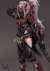  armor black_gloves blue_eyes bodysuit boots commentary female fkey gloves grey_background hand_up highres holding holding_polearm holding_weapon japanese_armor mask monster_hunter:_world monster_hunter_(character) monster_hunter_(series) mouth_mask odogaron_(armor) polearm ponytail rope shimenawa sidelocks simple_background solo symbol-only_commentary weapon white_hair 