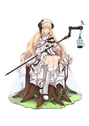  absurdres arknights bare_shoulders bird blonde_hair bluebird boots cat-quest-sun closed_eyes cross-laced_footwear facing_viewer female full_body grass hat highres holding holding_staff horns knee_boots lantern long_hair music nightingale_(arknights) open_mouth outdoors ribbed_sweater simple_background singing sitting solo staff sweater tree_stump triangle_ring turtleneck turtleneck_sweater very_long_hair white_background white_footwear white_hat white_sweater 