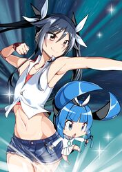  2girls :o aqua_neckerchief arm_up armpits bare_shoulders black_hair black_ribbon blue_hair blue_shorts blunt_bangs chibi clenched_hand closed_mouth collarbone commentary_request cowboy_shot crop_top crossover denim denim_shorts dual_wielding flat_chest groin hair_between_eyes hair_ribbon hairband highres holding light_rays long_hair long_sleeves looking_away looking_to_the_side midriff multiple_girls navel neckerchief nipako ore_twintail_ni_narimasu pleated_skirt red_eyes ribbon school_uniform serafuku shiny_skin shirt shorts sidelocks skirt sleeveless sleeveless_shirt smile sparkle standing stomach tsube_aika twintails ultimate_nipper v-shaped_eyebrows white_hairband white_ribbon white_serafuku white_shirt white_skirt wire_cutters yuto_(dialique) 