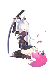  animal_ears ass black_dress breasts commentary_request dress enkyo_yuuichirou facial_mark female flower fox_ears fox_tail full_body hair_ornament highres holding holding_sword holding_weapon katana kitsunegasaki_tametsugu_(tenka_hyakken) long_hair official_art purple_eyes red_nails simple_background sitting solo sword tail tenka_hyakken thighhighs toes torn_clothes torn_thighhighs wariza weapon white_background white_hair 