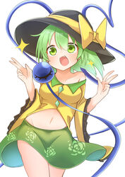  :d absurdres black_hat bow breasts commentary double_v female floral_print green_eyes green_hair green_skirt groin hat hat_bow heart heart_of_string highres koishi_day komeiji_koishi looking_at_viewer midriff navel oerba_yun_fang open_mouth rose_print shiki_karin shirt short_hair simple_background skirt smile solo star_(symbol) third_eye touhou v white_background wide_sleeves yellow_bow yellow_shirt 