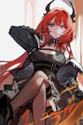  absurdres arknights arm_up bare_shoulders black_collar black_dress black_horns breasts chest_strap closed_mouth collar commentary_request crossed_legs demon_girl demon_horns detached_collar dress female grey_jacket grey_thighhighs hair_between_eyes highres horns jacket korean_commentary long_hair long_sleeves looking_at_viewer medium_breasts nahonanaho off_shoulder purple_eyes red_hair sitting solo surtr_(arknights) thighhighs very_long_hair 