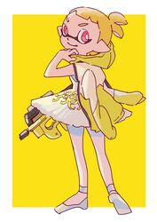  agent_4_(splatoon) ballet ballet_dress ballet_slippers blonde_hair border dress female highres holding holding_weapon inkling inkling_girl inkling_player_character katou_(osoraku) red_eyes simple_background smile solo splatoon_(series) splatoon_2 squidbeak_splatoon tutu weapon white_border white_dress yellow_background yellow_theme 