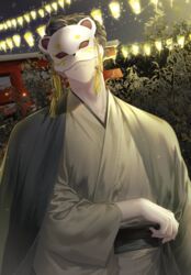  1boy adjusting_clothes alternate_costume bad_id bad_twitter_id black_hair building closed_mouth facing_viewer festival haikyuu!! hemoon japanese_clothes kimono lantern long_sleeves male_focus mask night night_sky obi outdoors sakusa_kiyoomi sash sky solo star_(sky) torii tree wide_sleeves 