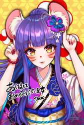  2020 animal_ear_fluff animal_ears artist_name bangs bead_bracelet beads bracelet daji_(monster_strike) eyeshadow facial_mark female floral_print hair_ornament hands_up happy_new_year highres japanese_clothes jewelry kanzashi kimono kohanayuki long_hair looking_at_viewer makeup monster_strike mouse_ears nail_polish obi parted_lips ponytail print_kimono purple_hair red_nails sash sidelocks signature solo upper_body yellow_eyes 