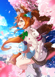  absurdres animal_ears animal_on_lap black_footwear blue_sky blurry blurry_background blush bow bowtie breasts brown_hair brown_skirt cloud cloudy_sky commentary_request falling_petals female flower fox_ears fox_tail fuku_kitsune_(fuku_fox) green_bow green_bowtie hair_between_eyes hair_flower hair_ornament hand_in_pocket highres kneehighs korin_(shironeko_project) long_hair medium_breasts oerba_yun_fang on_lap open_mouth outdoors petals pink_flower ponytail shironeko_project shoes skirt sky smile socks tail tarou_(shironeko_project) white_legwear 