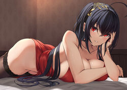  ahoge azur_lane bare_shoulders black_hair black_thighhighs breasts cleavage cocktail_dress collarbone crossed_bangs dress female hair_between_eyes hair_ornament head_hold indoors large_breasts long_hair looking_at_viewer lying official_alternate_costume on_stomach parted_lips rebutsu red_dress red_eyes shiny_skin smile solo taihou_(azur_lane) taihou_(forbidden_feast)_(azur_lane) thighhighs thighs very_long_hair 