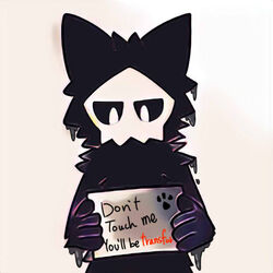  1:1 4_fingers ambiguous_gender anthro black_body black_fur canid canine canis changed_(video_game) dripping english_text fingers footprint fur goo_creature holding_object holding_sign lumi192 mammal mask pawprint puro_(changed) sign simple_background solo text wet white_background white_eyes wolf 