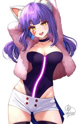  absurdres animal_ear_fluff animal_ears arm_behind_head arms_up artist_name bangs breasts choker cleavage contrapposto cowboy_shot daji_(monster_strike) facial_mark female highleg highleg_leotard highres hip_bones kohanayuki leotard leotard_under_clothes long_hair medium_breasts monster_strike purple_choker purple_hair purple_leotard short_shorts shorts signature simple_background solo standing thighhighs white_background white_shorts yellow_eyes 