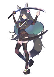  animal_ears arms_up belt black_dress black_hair black_thighhighs blunt_bangs breasts capelet cherry_blossoms dress enkyo_yuuichirou female flower fox_ears fox_tail full_body hair_between_eyes hair_flower hair_ornament highres holding holding_sword holding_weapon katana kitsunegasaki_tametsugu_(tenka_hyakken) long_hair long_sleeves looking_at_viewer official_art pink_flower platform_footwear sandals sheath simple_background solo sword tail tenka_hyakken thighhighs toeless_legwear weapon white_background yellow_eyes zettai_ryouiki 