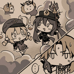  ... 1boy 2girls bomb cabbie_hat chibi dress explosive forehead_jewel genshin_impact greyscale half-closed_eyes hat hilichurl_(genshin_impact) holding holding_polearm holding_weapon hu_tao_(genshin_impact) jumpy_dumpty klee_(genshin_impact) long_sleeves low_twintails mask monochrome multiple_girls polearm sasha_chii shorts smile staff_of_homa_(genshin_impact) sweatdrop thought_bubble twintails weapon xiao_(genshin_impact) 