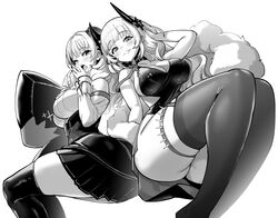  2girls azur_lane azur_lane:_slow_ahead bare_shoulders blush breasts dress greyscale highres hori_(hori_no_su) horns large_breasts long_hair luetzow_(azur_lane) monochrome multiple_girls official_alternate_costume official_art one_eye_closed pleated_skirt skindentation skirt sleeveless sleeveless_dress thighhighs yawning yorck_(azur_lane) yorck_(breaker_under_the_blood_moon)_(azur_lane) 