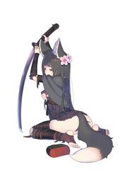  animal_ears ass black_capelet black_dress black_hair breasts capelet cherry_blossoms commentary_request dress enkyo_yuuichirou female flower fox_ears fox_tail full_body hair_flower hair_ornament highres holding holding_sword holding_weapon katana kitsunegasaki_tametsugu_(tenka_hyakken) long_hair official_art pink_flower simple_background sitting solo sword tail tenka_hyakken thighhighs toes torn_clothes torn_thighhighs wariza weapon white_background yellow_eyes 